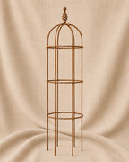 Classic Round Obelisk with Twist Top handcrafted steel garden obelisk by Dolton Designs displayed on a natural hessian background.